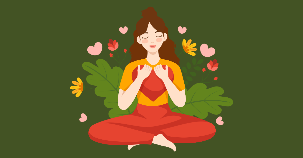 Woman in cross-legged pose, softly smiling and surrounded by flowers