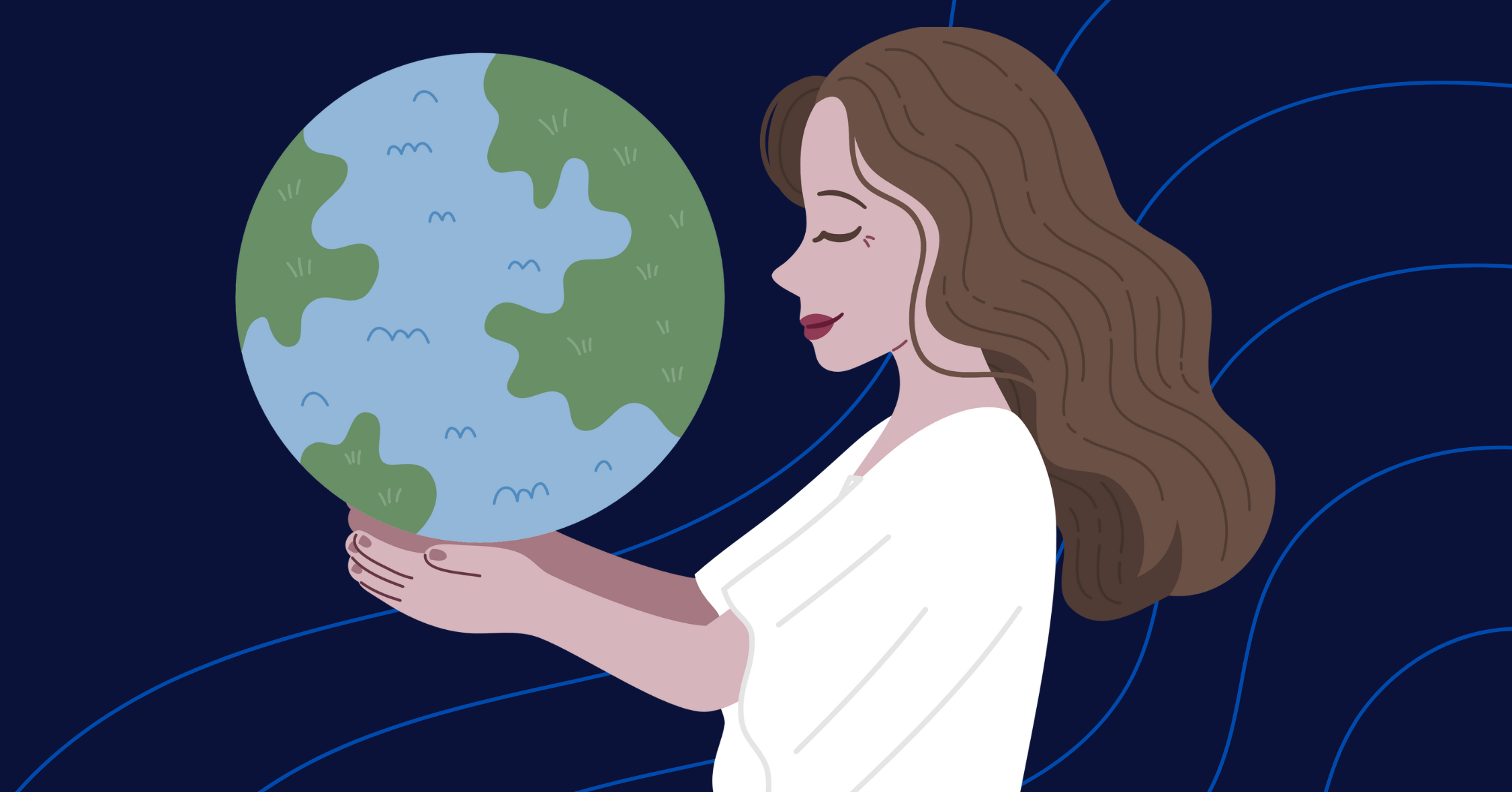 Illustration of a serene woman with long brown hair in a white garment gently holding a globe in her hands. The Earth features green continents and blue oceans, and the background is a dark navy blue with subtle curved blue lines, creating a calm atmosphere.