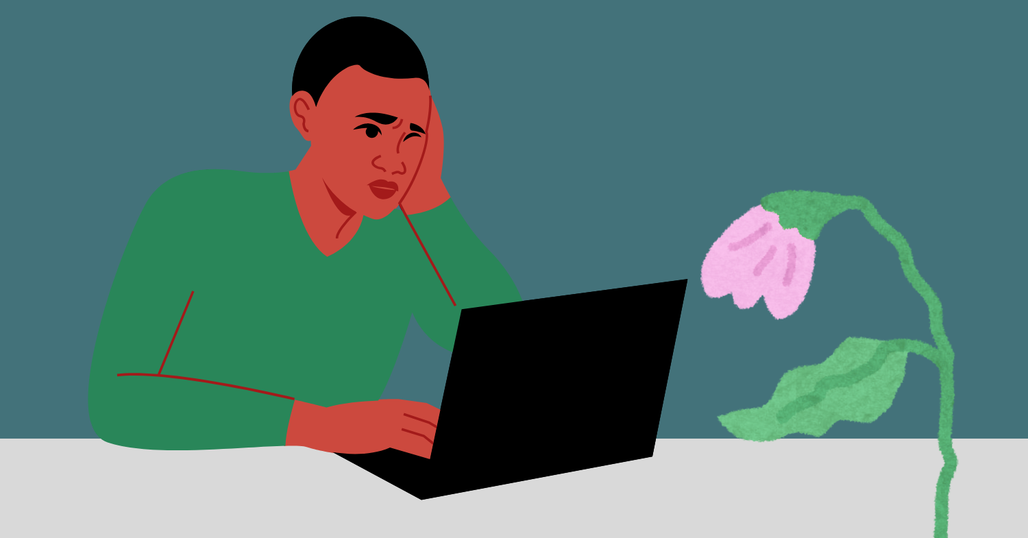 Illustration of a person in a green shirt sitting at a desk, looking tired and leaning on their hand while staring at a laptop. A drooping pink flower with green leaves sits beside them, symbolizing fatigue or emotional exhaustion. The background is a muted teal color.